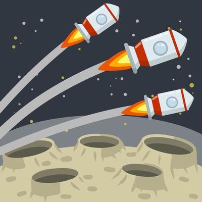 Landing and launching a rocket on the asteroid landscape. Stars and space flight. Moon. Space planet. Lunar surface with craters and dust.