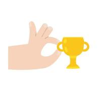 Hand hold the winner cup. Champion and success. First place award. Human palm. Awarding a prize. Flat modern cartoon illustration vector