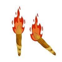 Torch and flame. Wooden stick with fire. Lighting element. Old primitive tool. Flat cartoon illustration vector
