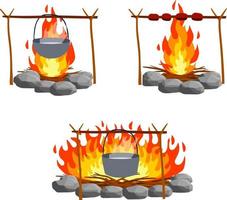 Fire with branches and stones. Cartoon flat illustration. Cooking in the campaign. Campfire with pot. Boiling water and food preparation in camp vector