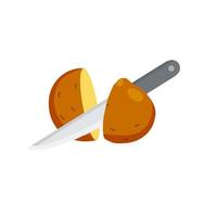 Sliced Potatoes with knife. Piece of brown root vegetable. Cooking the ingredient. Flat Illustration vector