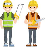 Two Men workers in uniform with helmets. Jigsaw, gloves, glasses, vest and helmet. Industrial safety. Maintenance service. Loggers and objects for sawing wood. Repair and installation tools. vector