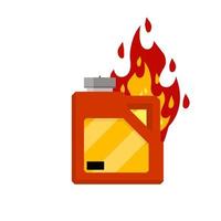 Canister with fuel. Red gas tank. Container with oil. Dangerous flames. Flat cartoon icon illustration isolated on white background. Flammable object. Danger and fire vector