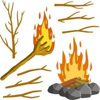 fuego y antorcha. conjunto de ramas de árboles. palos ardientes. fogata y objetos del hombre primitivo. piedras y madera. ilustración plana de dibujos animados vector