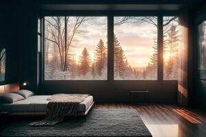 Interior of modern bedroom with gray walls, wooden floor, comfortable king size bed and window with countryside view. photo