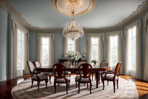 Interior of modern Dining room with a large window . photo