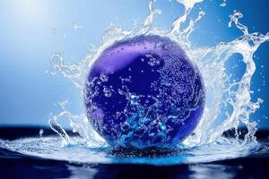 Water splash with bubbles on blue background. Abstract background. photo