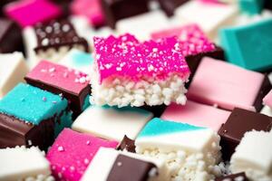 An assortment of colorful candies, chocolate, bars and chocolate pieces, sweet food. Close up of colorful marshmallows. photo