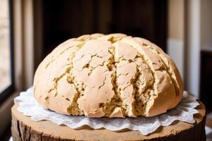 Freshly baked bread on a wooden board, close-up. French bread. loaf of white bread. photo