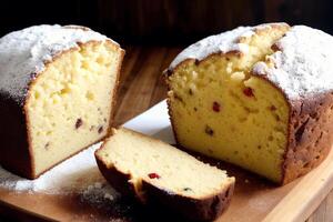 Navidad pastel con Pasas y en polvo azúcar. Panettone pastel con Pasas y Formación de hielo azúcar. generativo ai foto