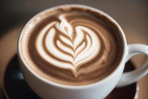 Cup of cappuccino with latte art on wooden background. photo