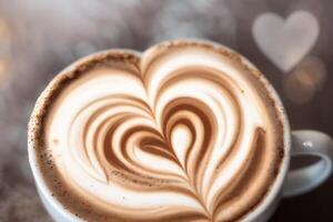 Cup of cappuccino with latte art on wooden background. photo