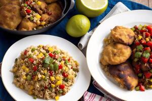 Jamaican cuisine. Jamaican patty, a savoury and spicy pastry filled with meats. photo