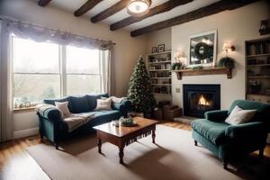 interior of modern living room with sofa, coffee table and plants. photo