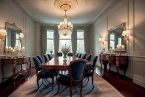 Interior of modern Dining room with a large window . photo