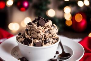 delicioso hecho en casa hielo crema con chocolate papas fritas en un cuenco en un de madera mesa. dulce alimento. generativo ai foto