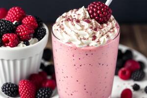 A glass of milkshake with whipped cream and blackberries.Strawberry milkshake, Raspberry milkshake. photo