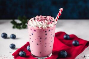 A glass of milkshake with whipped cream and blackberries.Strawberry milkshake, Raspberry milkshake. photo