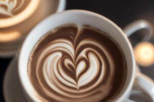 Cup of cappuccino with latte art on wooden background. photo