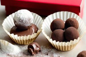 Chocolate truffles. An assortment of chocolate, candy, bars and chocolate pieces on a wooden background, sweet food. Chocolate cake. photo