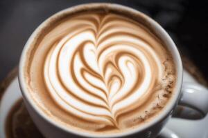 Cup of cappuccino with latte art on wooden background. photo