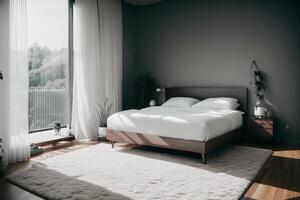 Interior of modern bedroom with gray walls, wooden floor, comfortable king size bed and window with countryside view. photo