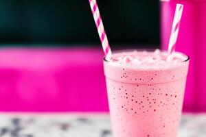 A glass of milkshake with whipped cream and blackberries.Strawberry milkshake, Raspberry milkshake. photo