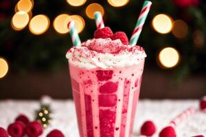 A glass of milkshake with whipped cream and blackberries.Strawberry milkshake, Raspberry milkshake. photo