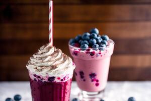 A glass of milkshake with whipped cream and blackberries.Strawberry milkshake, Raspberry milkshake. photo