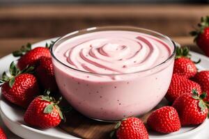 Strawberry yogurt in a white bowl.Yogurt with fresh blackberries, raspberries. photo