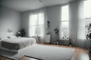 Interior of modern bedroom with gray walls, wooden floor, comfortable king size bed and window with countryside view. Generative AI photo