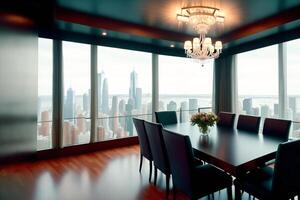 Interior of modern Dining room with a large window . photo