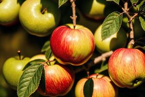 delicioso rojo manzanas en un de madera mesa y marrón antecedentes. sano comida concepto. generativo ai foto