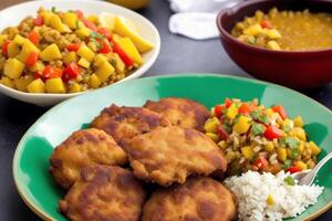 Jamaican cuisine. Jamaican patty, a savoury and spicy pastry filled with meats. photo