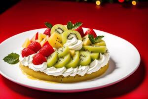 Christmas cake with whipped cream and fresh berries on a wooden table. Delicious pudding with raspberry sauce. photo