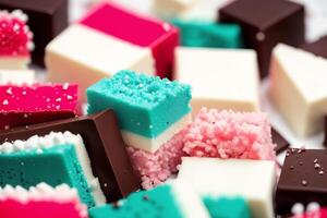 An assortment of colorful candies, chocolate, bars and chocolate pieces, sweet food. Close up of colorful marshmallows. photo