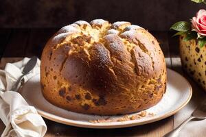 Christmas cake with raisins and powdered sugar. Panettone cake with raisins and icing sugar. photo