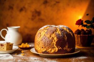 Navidad pastel con Pasas y en polvo azúcar. Panettone pastel con Pasas y Formación de hielo azúcar. generativo ai foto