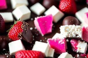 An assortment of colorful candies, chocolate, bars and chocolate pieces, sweet food. Close up of colorful marshmallows. photo