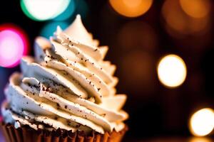 delicious Ice cream cone with chocolate and whipped cream on a wooden table. sweet food. photo