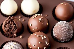 Chocolate truffles. An assortment of chocolate, candy, bars and chocolate pieces on a wooden background, sweet food. Chocolate cake. photo