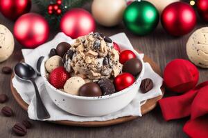 delicious Homemade ice cream with chocolate chips in a bowl on a wooden table. sweet food. photo