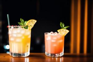 Alcohol cocktail drink on the table in restaurant with bokeh background. photo