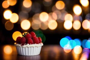 Delicious Chocolate cake with cream and icing sugar on a white plate. Eclairs with chocolate cream and cherry, photo