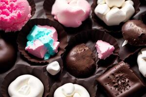 An assortment of colorful candies, chocolate, bars and chocolate pieces, sweet food. Close up of colorful marshmallows. photo