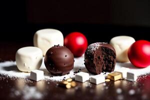 An assortment of colorful candies, chocolate, bars and chocolate pieces, sweet food. Close up of colorful marshmallows. photo