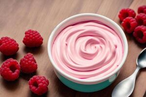 Strawberry yogurt in a white bowl.Yogurt with fresh blackberries, raspberries. photo