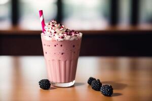 A glass of milkshake with whipped cream and blackberries.Strawberry milkshake, Raspberry milkshake. photo