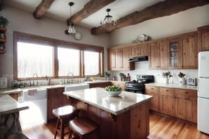 Kitchen interior with wooden cabinets and kitchen island. photo