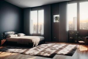 Interior of modern bedroom with gray walls, wooden floor, comfortable king size bed and window with countryside view. photo